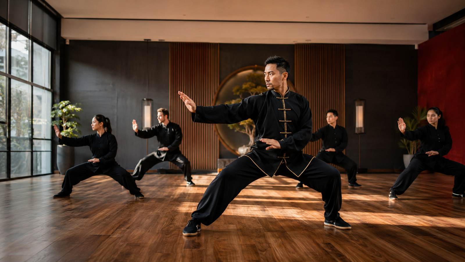 Adult kung fu class practicing forms in a modern dojo