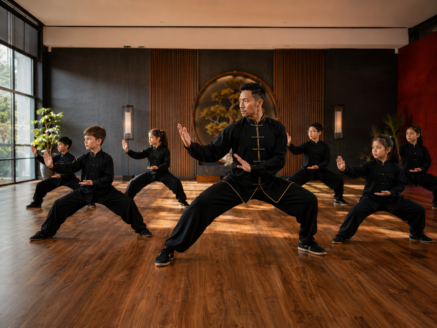 Kids kung fu class led by an instructor in a modern studio