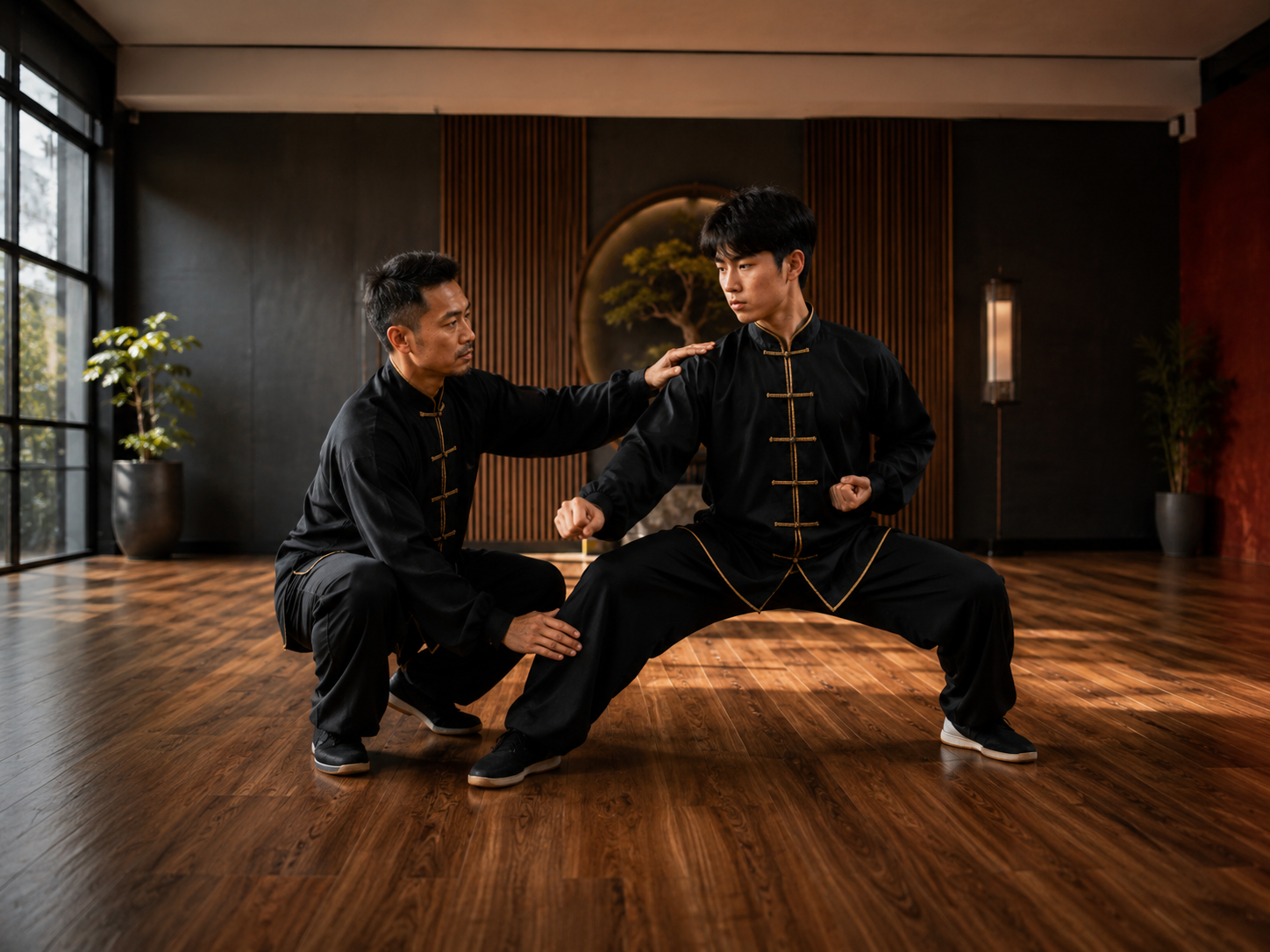 Kung fu instructor correcting a student's stance in a serene dojo