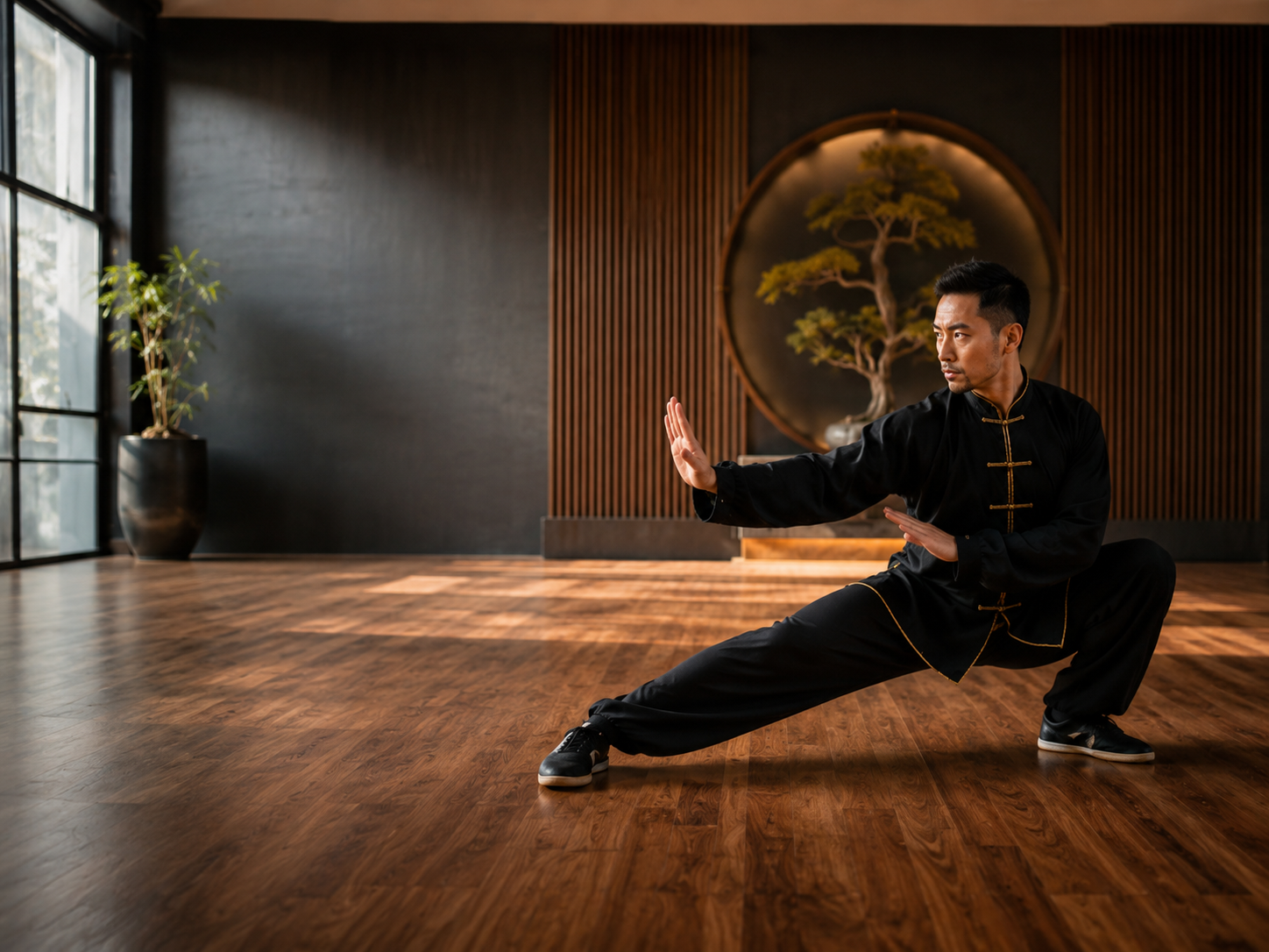 Solo kung fu form practice in a calm dojo